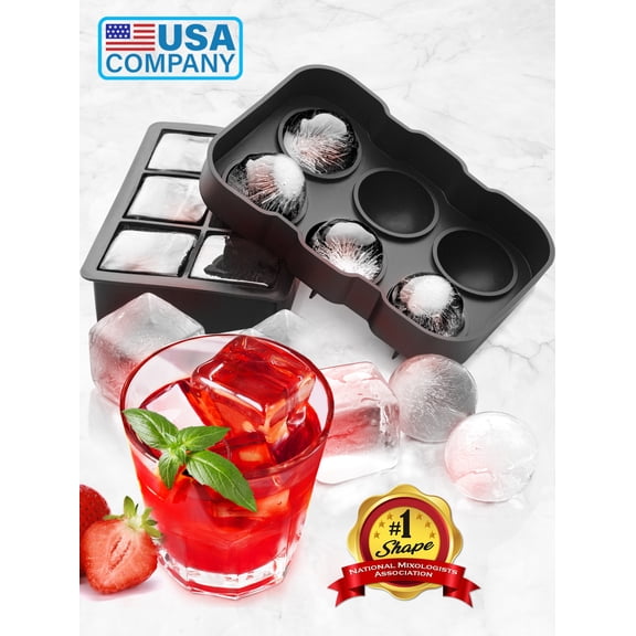 Set of 2 Ice Cube Mold Trays Silicone Sphere Whiskey Ice Ball & Large Square Ice Cube Molds for Cocktails Reusable & BPA Free by Claev