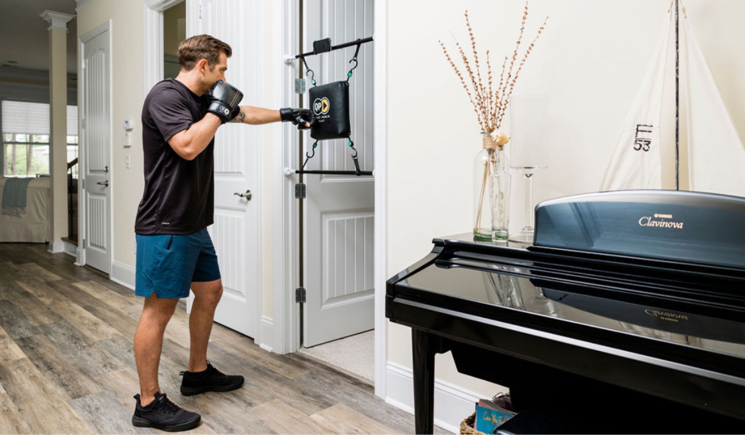 Quiet Punch Doorway Punching Bag, Phone Holder with App, 28"-36" Size, Portable Boxing, Apartment Friendly Workouts (No Punch Tracker)