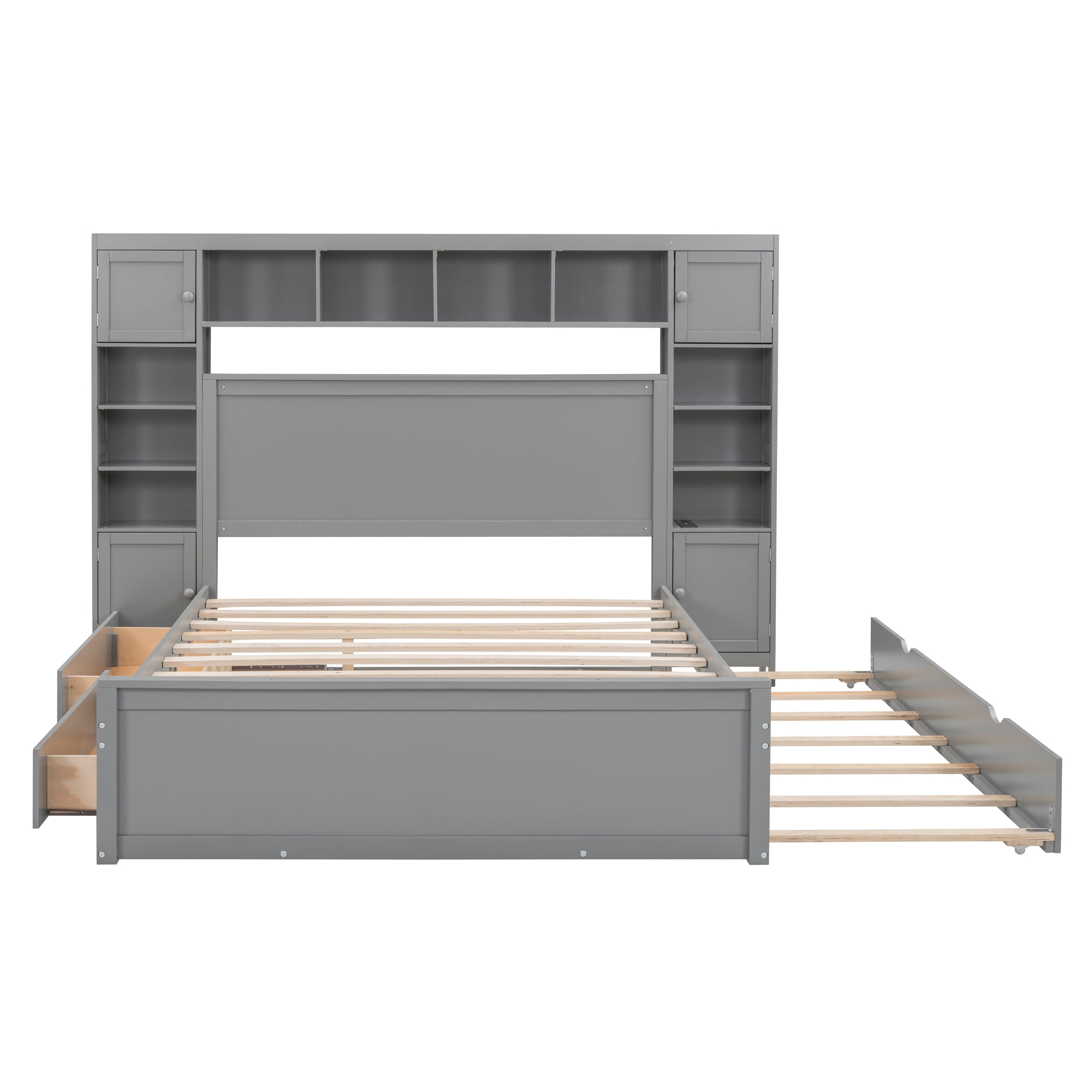 Aukfa Queen Size Bed Frame with All-in-One Cabinet and Shelves, Wooden Functional Bed with Trundle and Storage Drawers, USB Ports Outlets, Gray