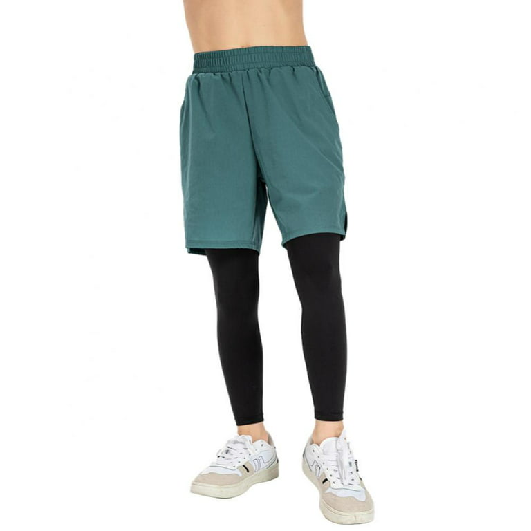 Xmarks Boy's 2 in 1 Sport Pants Shorts with Pockets Basketball Training  Short Compression Tights for Teen Kid Blue 8-10Y