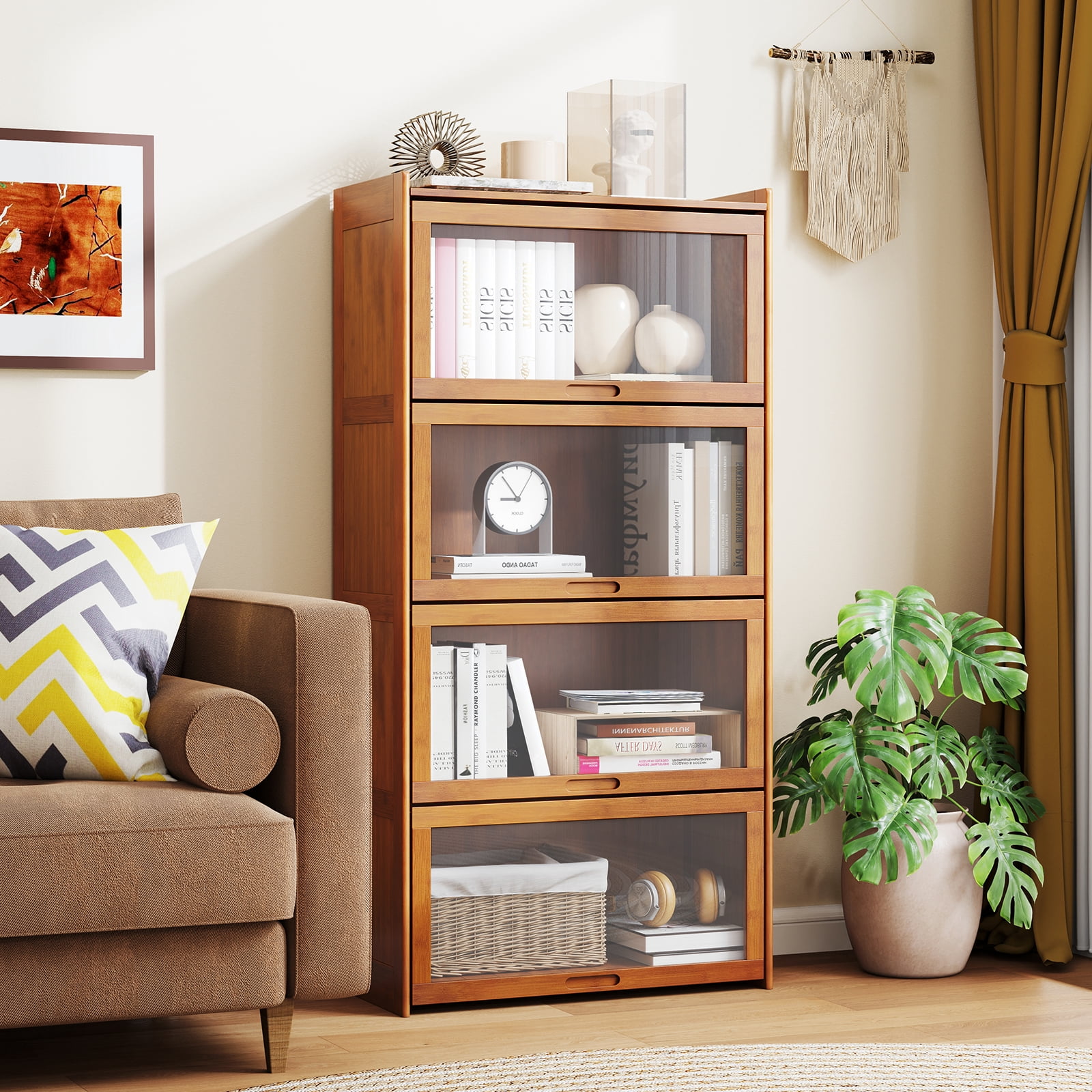 Gymax 4-Tier Bamboo Bookshelf w/Doors See-through Acrylic Doors Freestanding Bookcase Brown