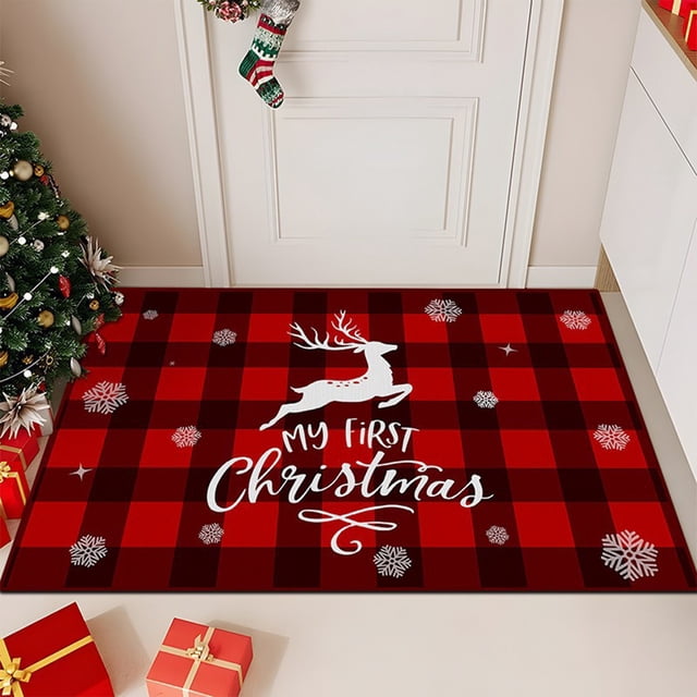 Alfombra de Poliéster Rojo Navidad 23.6x15.7in | Alfombra Antideslizante Lavable para el Hogar, Cocina, Dormitorio, Baño | Decoración festiva, duradera, suave al tacto, fácil de limpiar
