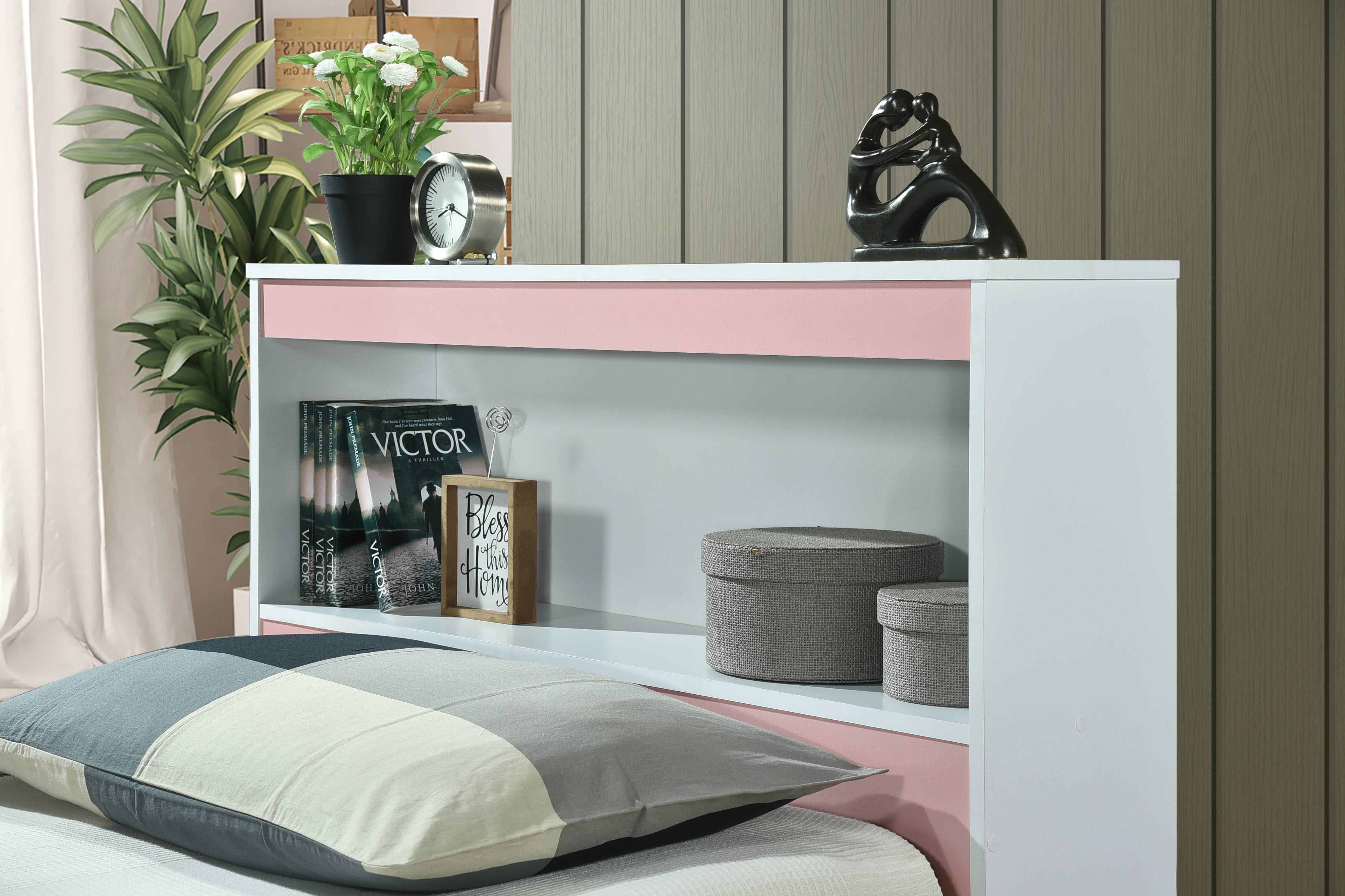 Hodedah Twin-Size Captain Bed with 3-Drawers and Headboard in Pink