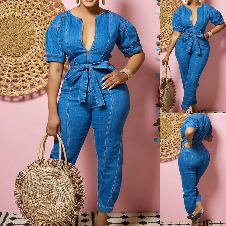 Mgoohoen Jumpsuits for Women Zipper V Neck Strappy Loose Short Sleeve Denim  Shirt Tops Romper Tie Waist Stretchy Long Blue M Jumpsuit 