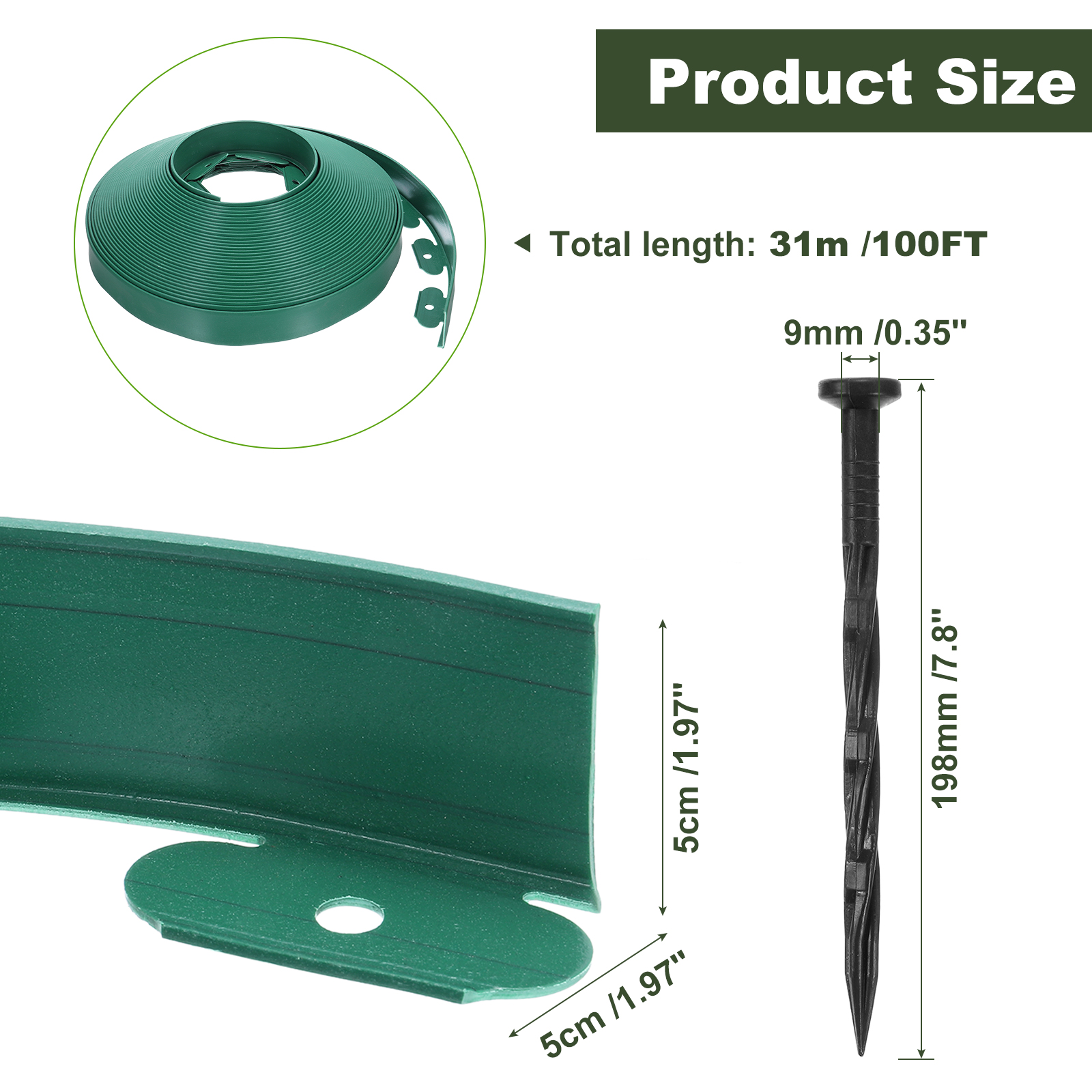 Uxcell Landscape Edging, 1Pcs 100FT x 2" Garden Edging Kit with 93 Stakes for Garden Lawn Flower Bed (Green)