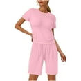 thumbnail image 1 of Camisas de Color Sólido para las Mujeres Cuello Redondo Manga Corta, Elástico de la Cintura Dibujo Cuerda Bolsillo Pantalones Cortos Conjunto, 1 of 6