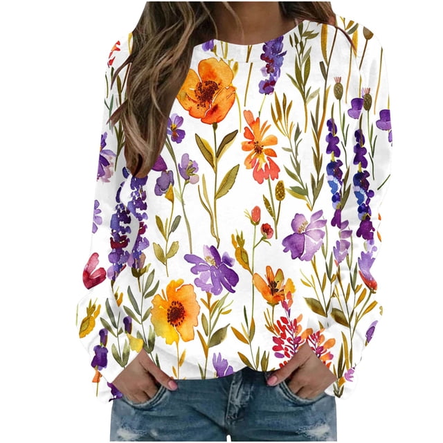 KIHOUT Chandails pour Femmes en Liquidation, Blouses à Manches Longues Col Rond Imprimé Floral Ample Automne Hiver, Tailles P-2TG