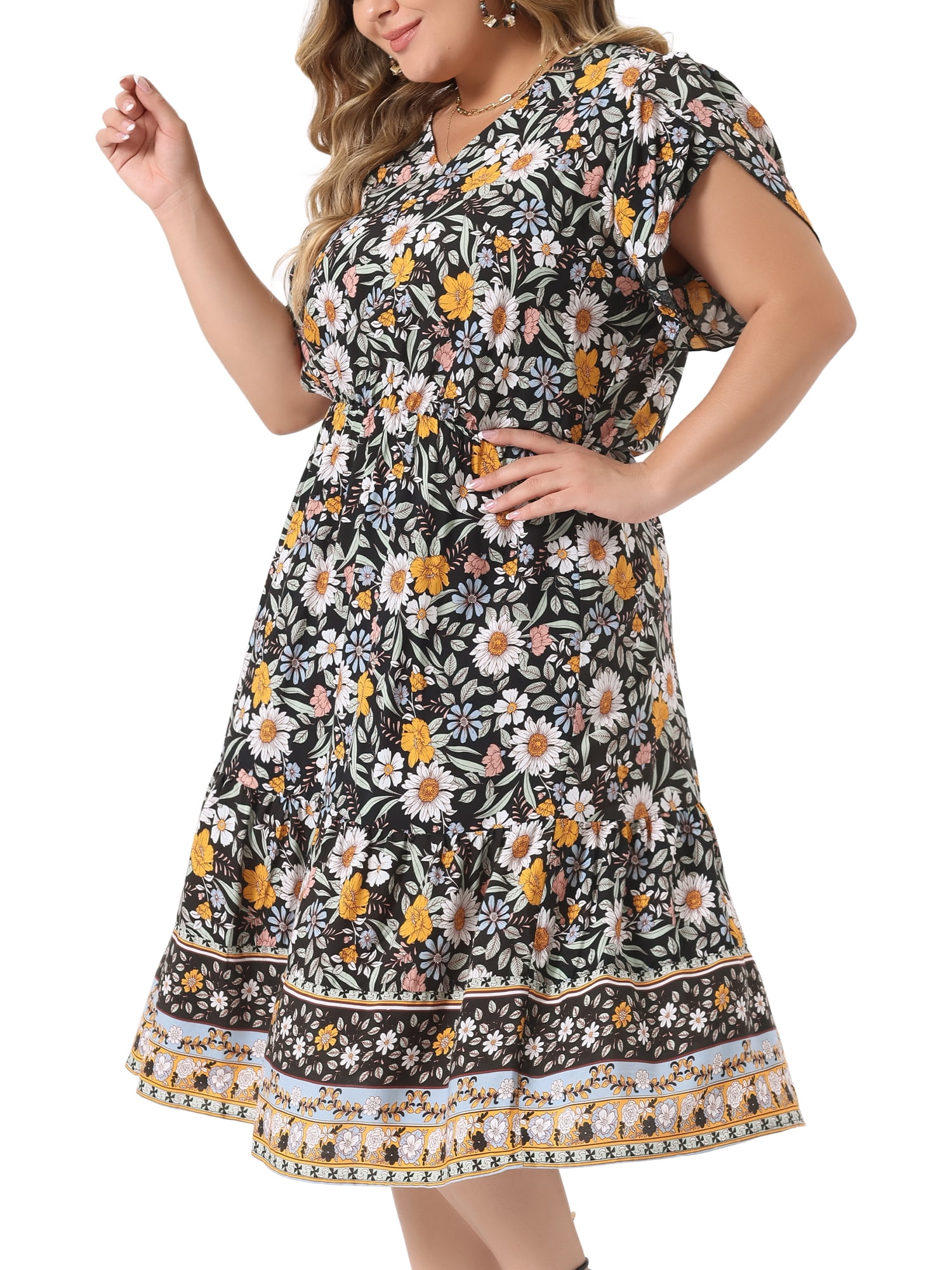 DARING DIVA Plus Size V Neck Short Sleeve Floral Midi Dress 4X Black