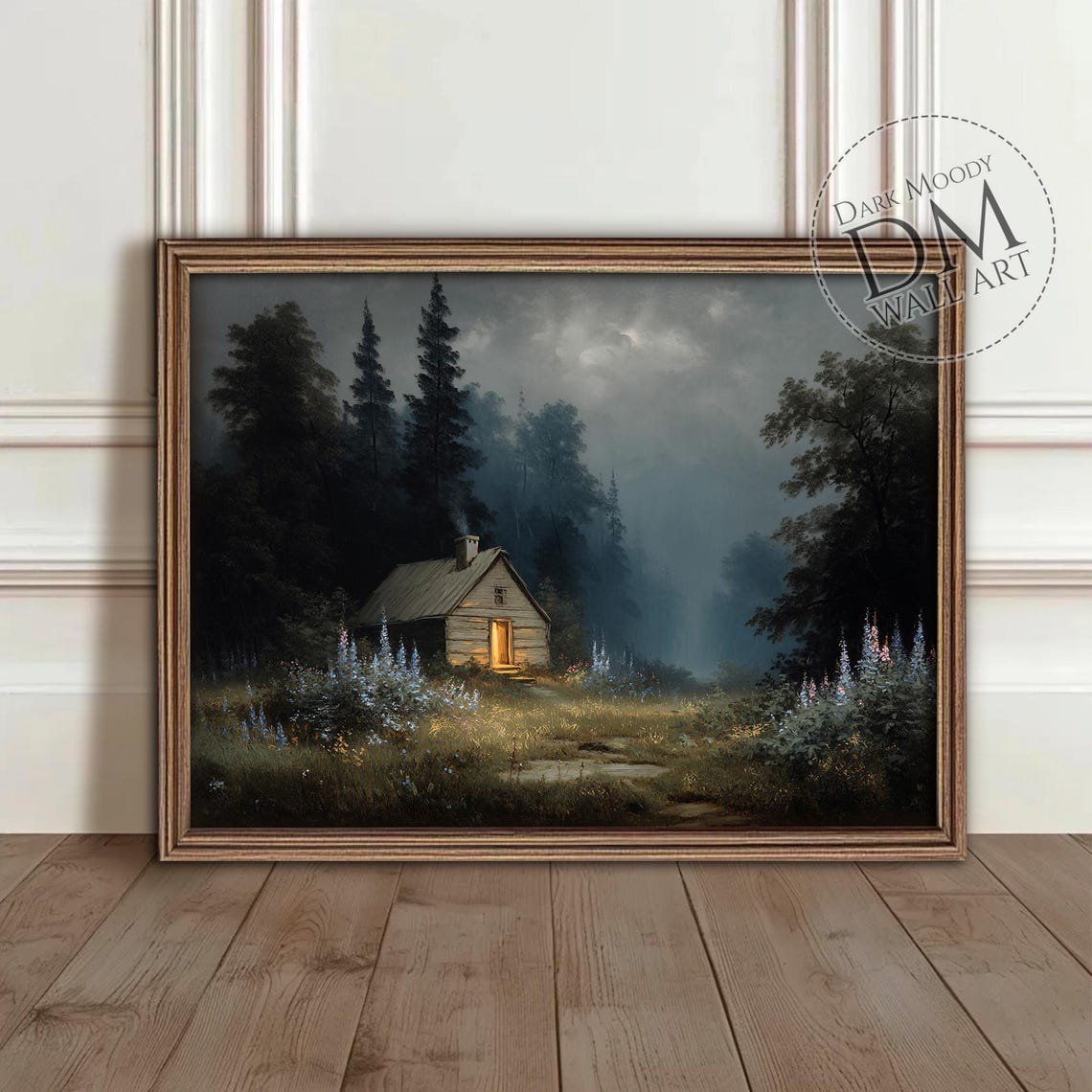 Cabin In Misty Forest Meadow With Wildflowers Wall Art Print Dark Moody Rustic Woodland Cottage Living Room And Gallery Wall Decor