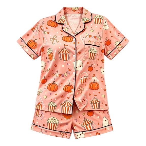 RUTAYY Girls Halloween Pajama Set Button Down Pumpkin Popcorn Graphic 2 Piece Loungewear Holiday Indoor Wear Pink