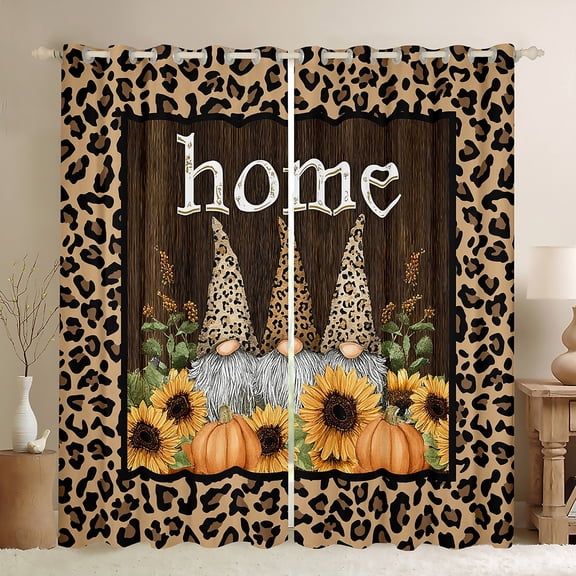 Manfei Kawaii Fall Gnome Black Out Curtains, Brown Leopard Cheetah Print Curtains Pack of 2 (42x63 Each), Autumn Sunflower Bedroom Curtains, Curtains and Drapes Bedroom Decor