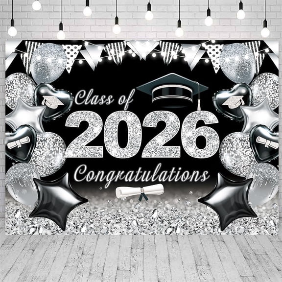 2026 Graduation Backdrop Black and Silver Class of 2026 Glitter Graduation Photography Background Congrats Grad Prom Party Decorations Banner Supplies Photo Booth Props