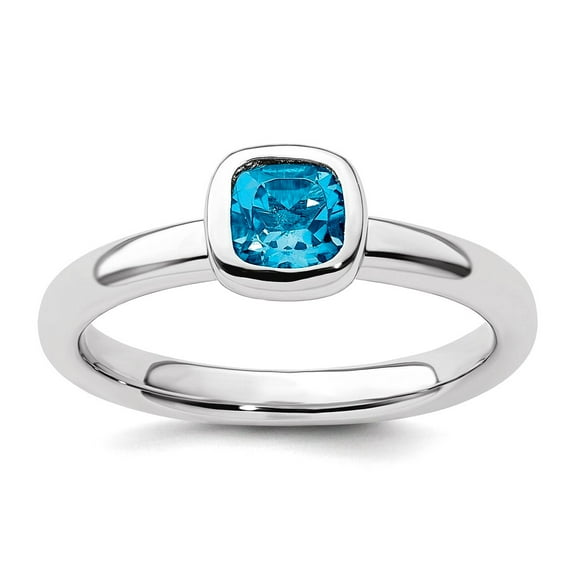 925 Sterling Silver Bezel Polished Stackable Cushion Cut Blue Topaz Ring Size 7 Stackable Ring for Women