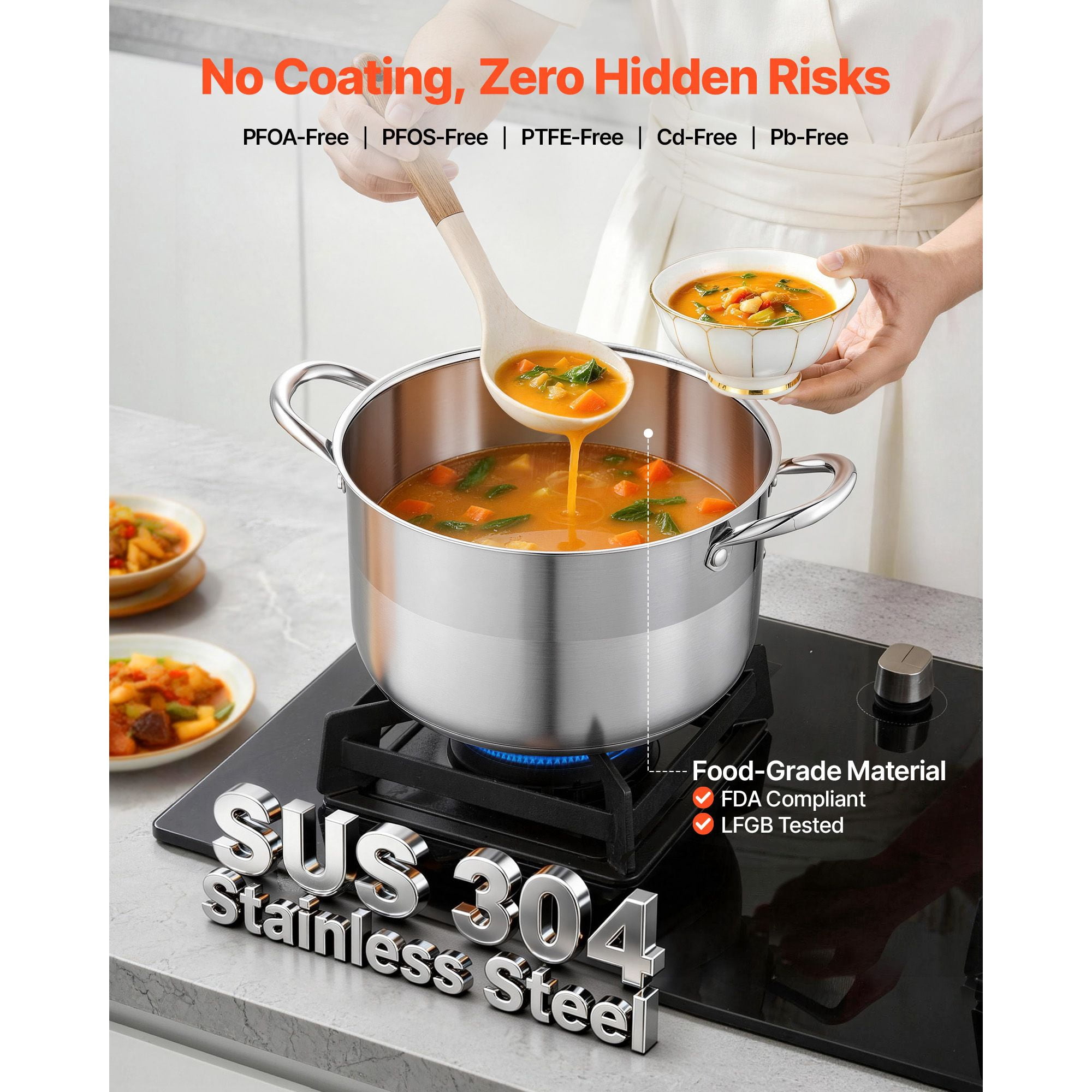 Stainless Steel Stock Pot 8 Quart with Glass Lid for Soups Stews Pasta