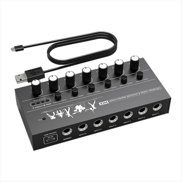 Mezclador de Audio Compacto de 6 Canales, Mezclador Estéreo de Alto Rendimiento y Ruido Ultrabajo para Guitarras, Bajos y Teclados