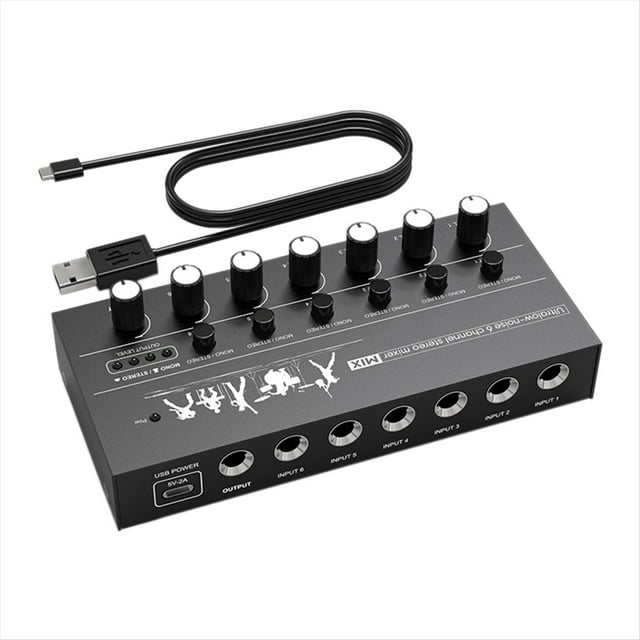 Mezclador de Audio Compacto de 6 Canales, Mezclador Estéreo de Alto Rendimiento y Ruido Ultrabajo para Guitarras, Bajos y Teclados