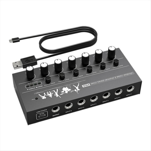 Mezclador de Audio Compacto de 6 Canales, Mezclador Estéreo de Alto Rendimiento y Ruido Ultrabajo para Guitarras, Bajos y Teclados