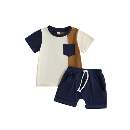

aturustex 6 Months - 4 Years Toddler Boys Summer Outfit Sets Short Sleeve Contrast Color Tops + Solid Color Drawstring Shorts 2Pcs