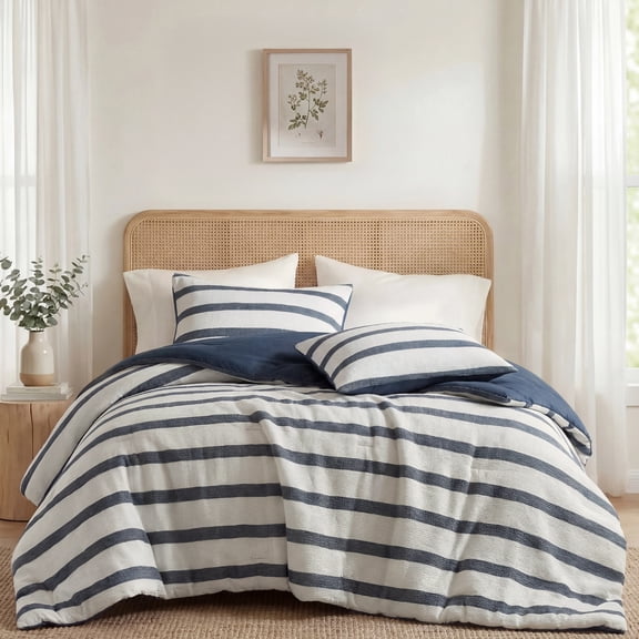Regency Heights Full/Queen Comforter Set, Striped Texture Bedding Comforter Sets, 3 Pieces Tonal Stripes Woven Comforter with Pillow Sham, Blue
