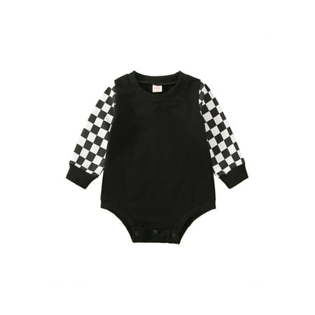 

One opening Newborn Baby Long Sleeve Romper Plaid Pattern Round Neck Patchwork Bodysuit Casual Simple Style Short Jumpsuit