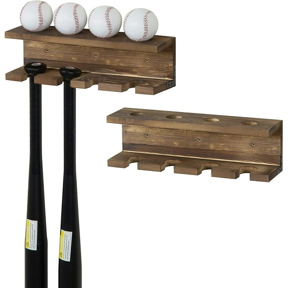 MyGift 2 Piece Wall-Mounted Burnt Wood Baseball Bat Rack and Ball Storage Shelf