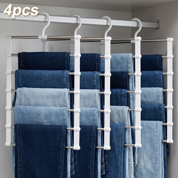 4pcs Multi Layer Stainless Steel Pants Hanger Space Saving Wardrobe Organizer Non Slip Stackable Hanger for Pants Jeans Scarves Trousers Closet Storage Organization