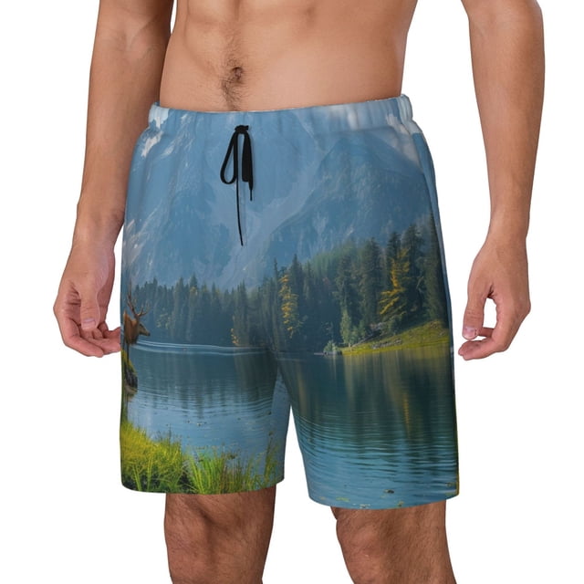 Fotbe Majestic Deer Mountain Lake Traje de Baño para Hombre – Shorts de Natación de Secado Rápido con Forro y Bolsillos-Medium