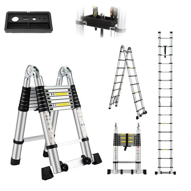 BOWEITI 16.5FT Multi-Purpose A-Frame Telescoping Extension Aluminum Ladder with Wheels and Tool Tray 330lb Capacity