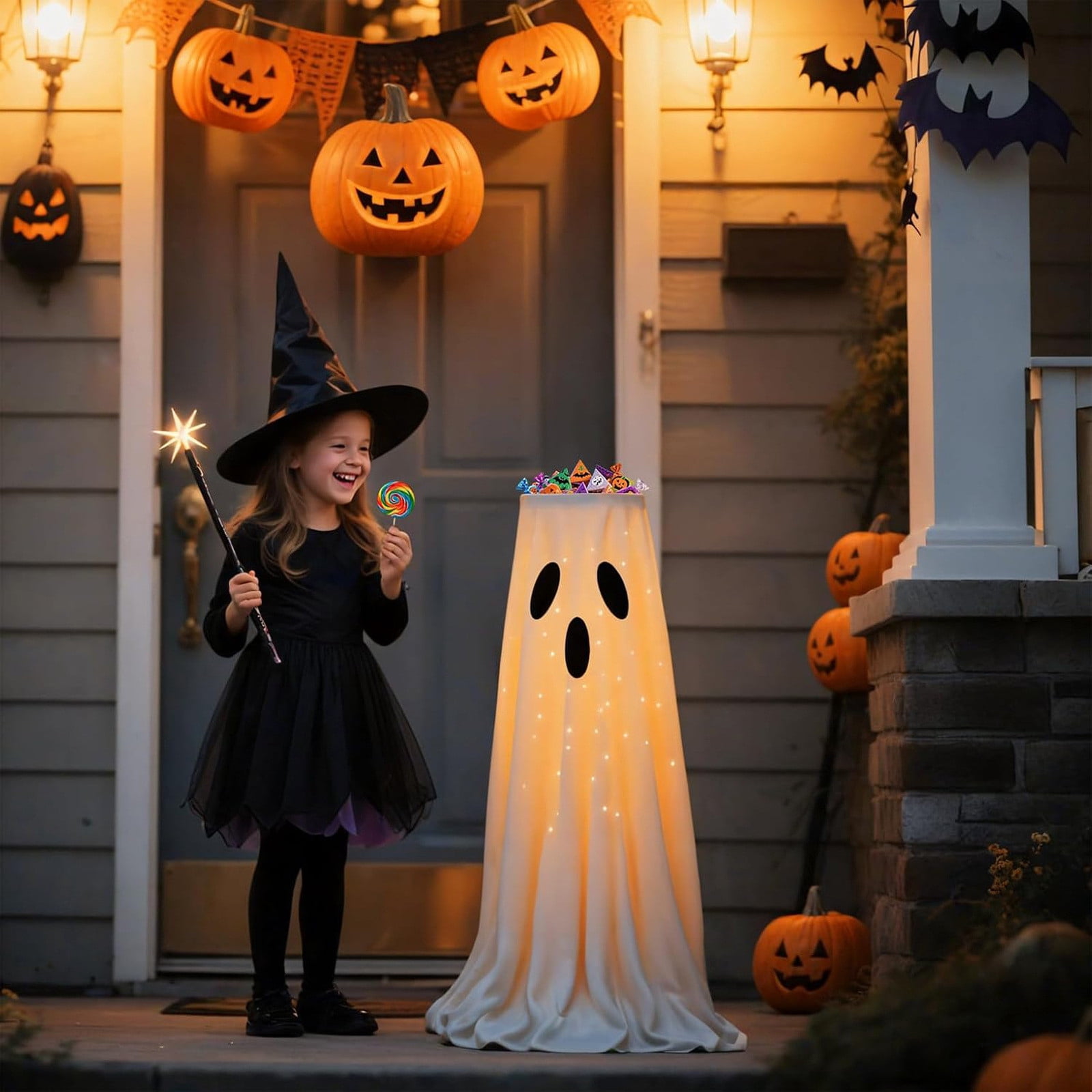 YardVibe Halloween Decorations 32'' Light-Up Ghost Candy Bowl Stand Large Ghost Decor Cute Treat Candy Holder