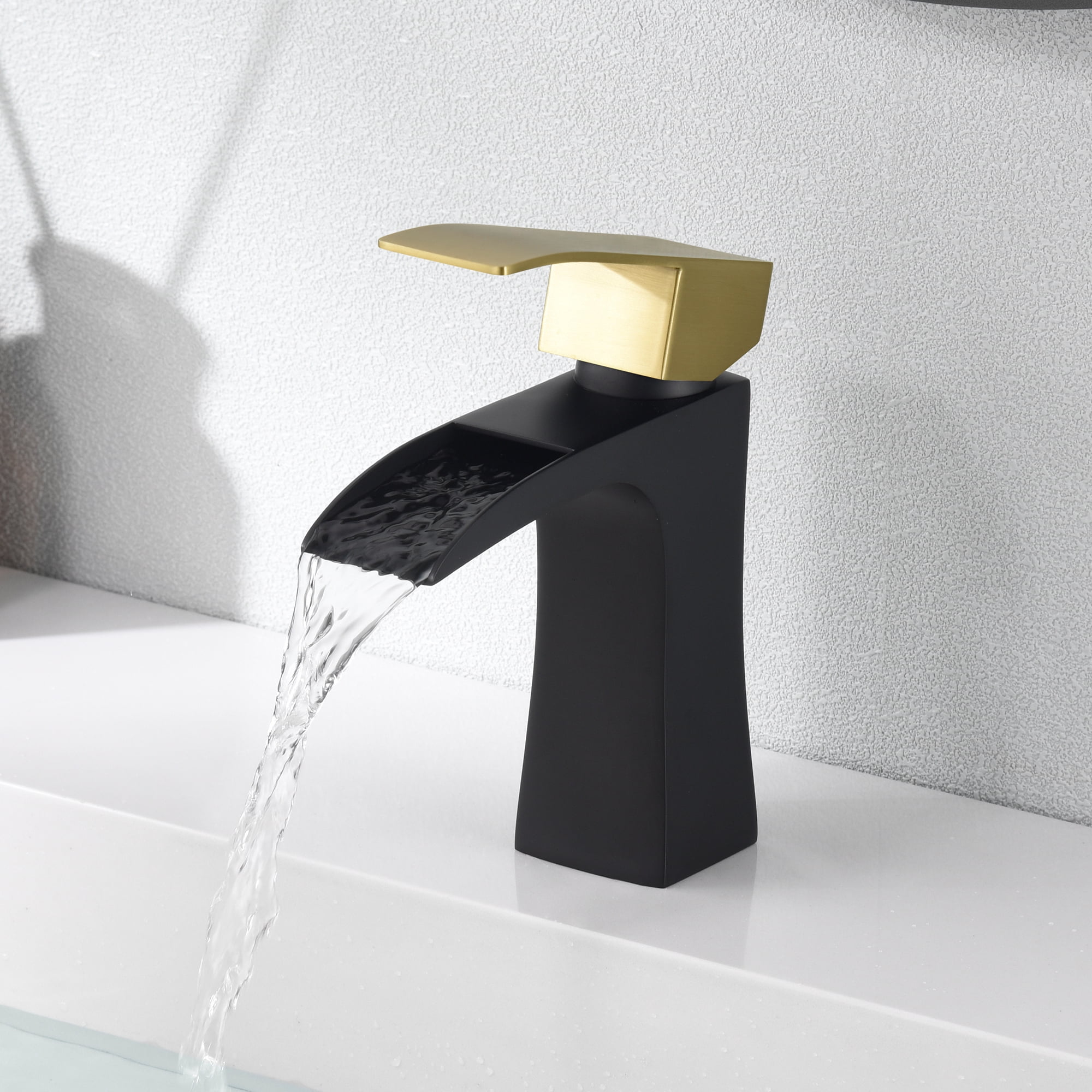 SUMERAIN Waterfall Bathroom Faucet Single Handle Single Hole Black and Gold Bathroom Sink Faucet Stainless Steel