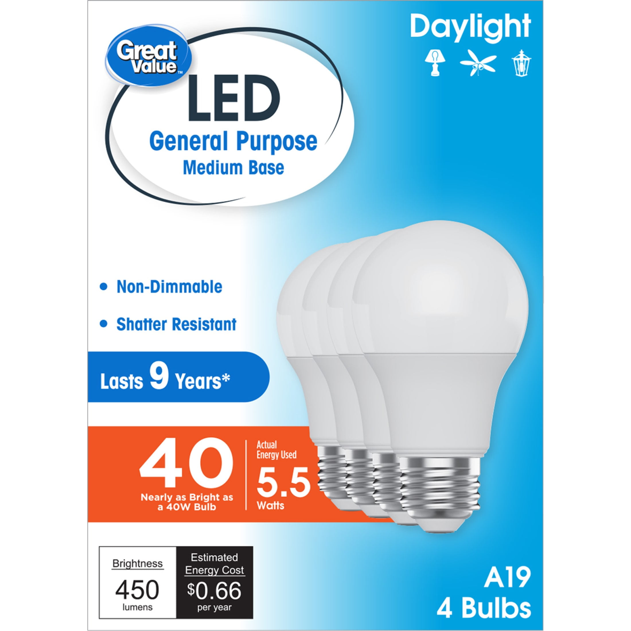 Great Value LED Light Bulb, Daylight, 40 Watt Eqv, A19 General Purpose, E26 Medium Base, 9yr, 4 Pack