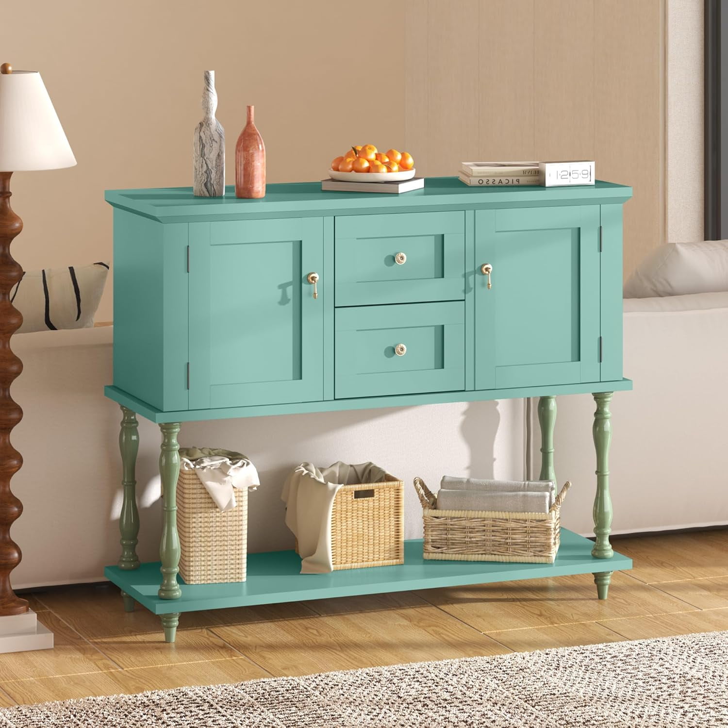 QinaQin Entryway Table with 2 Drawers,Vintage Console Table with Storage Shelf and 2 Doors,Farmhouse Buffet Sideboard Cabinet for Hallway,Entryway,Green