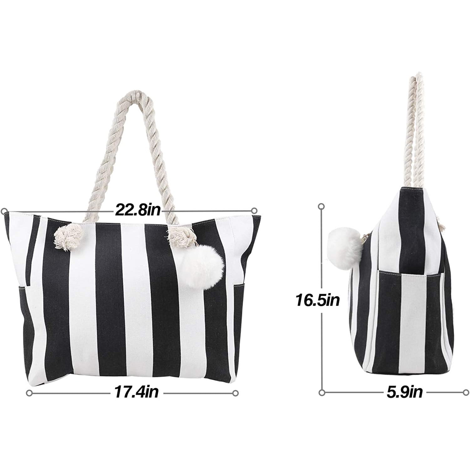 Extra Large Beach Bags Totes Women Waterproof Sandproof Big Tote Bag Zipper Inner Pockets Rope Handle Canvas with Zip Closure Swim Pool Gym Picnic Travel Weekend Accessorie Striped Black Handbag Gifts