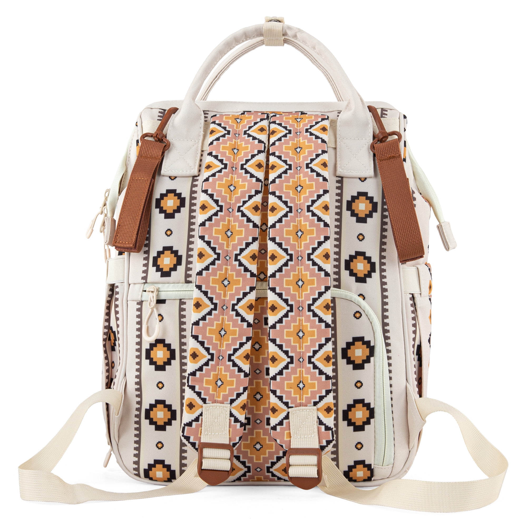 Wrangler Aztec Travel Backpack Baby Bag for Women with Stroller Strap and Side Bottle Pockets Organized Diaper Bag, Tan