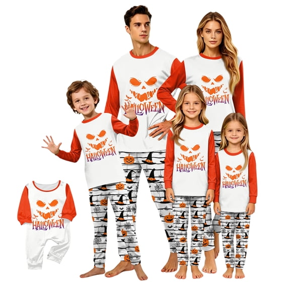 Halloween Pajamas, Halloween Matching Family Pajamas White Pumpkin Print Long Sleeve 2 Piece Pj Set Holiday Sleepwear Nightwear Loungewear Festive Family Photos