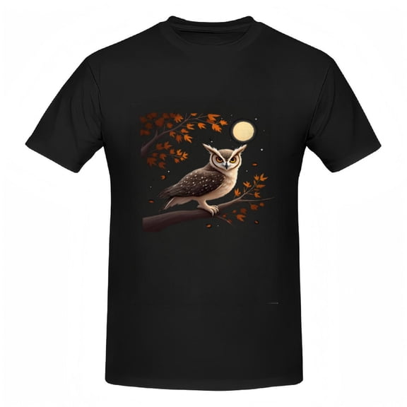 Stylish Women's Cotton Short Sleeve T-Shirt with Mystical Owl and Autumn Leaves Design Full Moon Glow Perfect for Nighttime Vibes