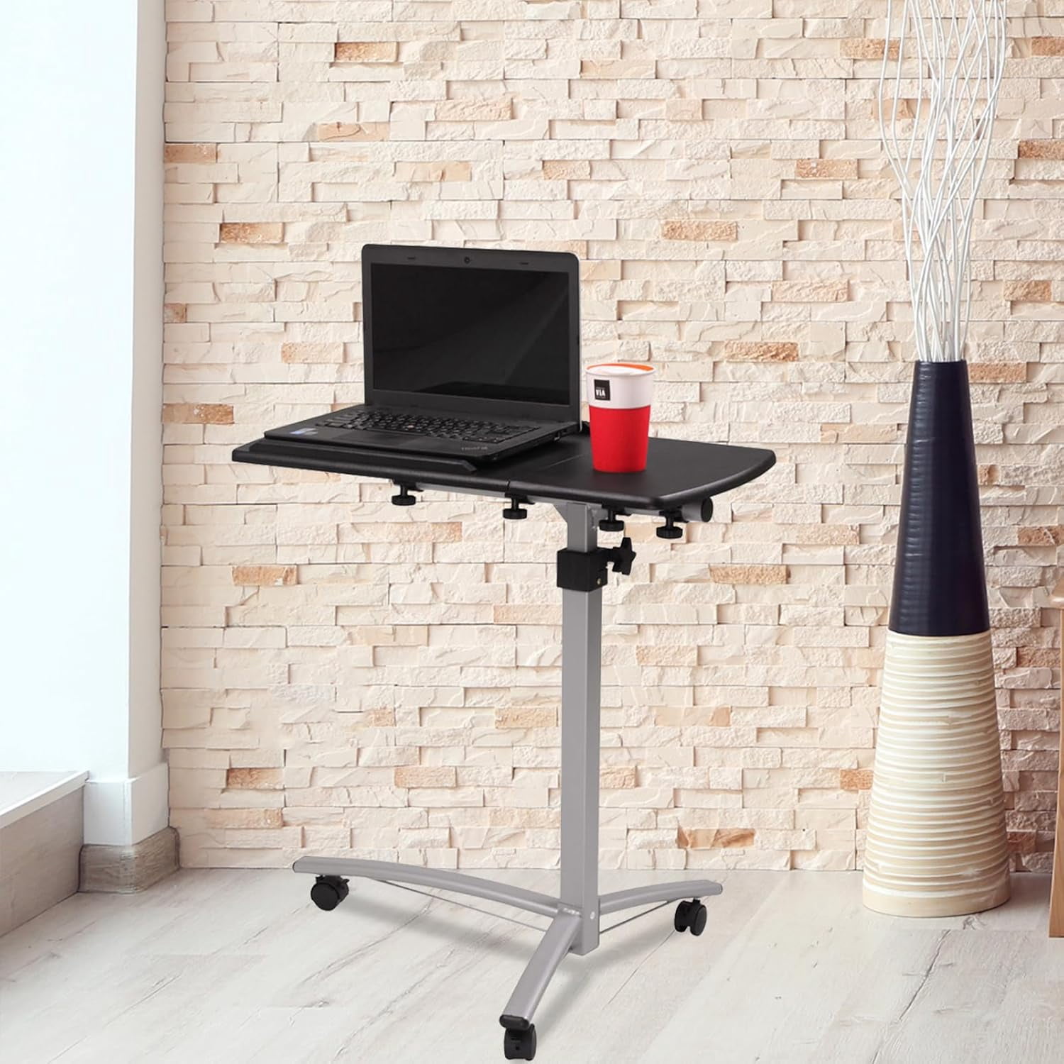 FCH 25.2 Inch Rolling Adjustable Multifunctional Lifting Computer Desk, Tilting Desktop, Sit Stand Laptop Desk TV Tray for Bed Sofa Hospital Reading Eating, Black