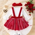 thumbnail image 3 of Bagilaanoe 3Pcs Newborn Valentine's Day Outfits Baby Girls Overalls Dress Set Flare Long Sleeve Romper Tops + Suspender Skirt + Headband 3M 6M 9M 12M 18M Infant Casual Clothes, 3 of 8