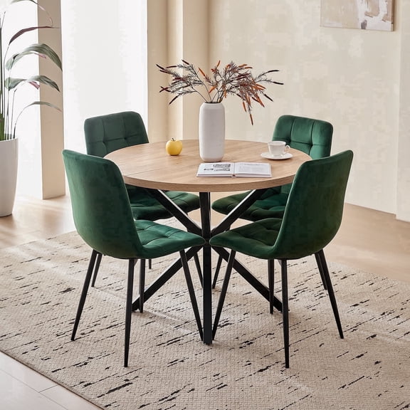 39" Round Dining Table Set for 4, Mid Century Kitchen Table with 4 Green Velvet Upholstered Dining Chairs for Apartment Living Room Space Saving