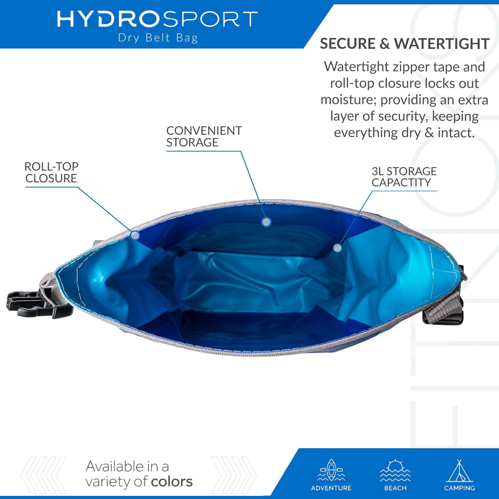 FITKICKS HydroSport Dry Belt Bag Waterproof Waist Pack with Adjustable Strap - Blue