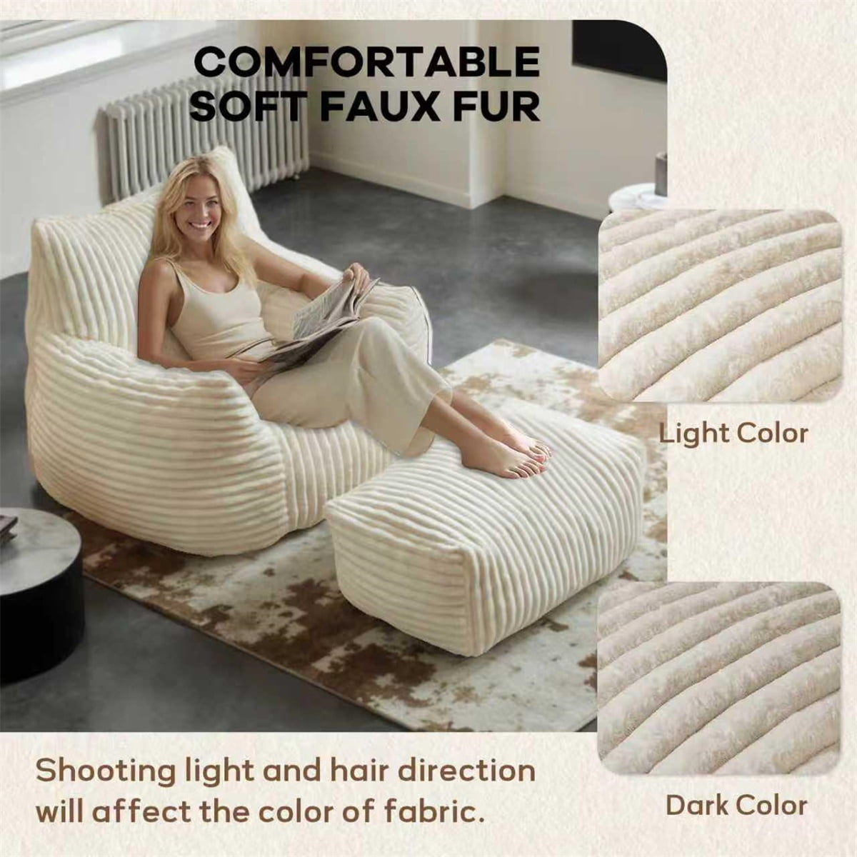 Hommoo Modern Suede Sofa Chair with Ottoman, 5-Zone Ergonomic Support Chair, White