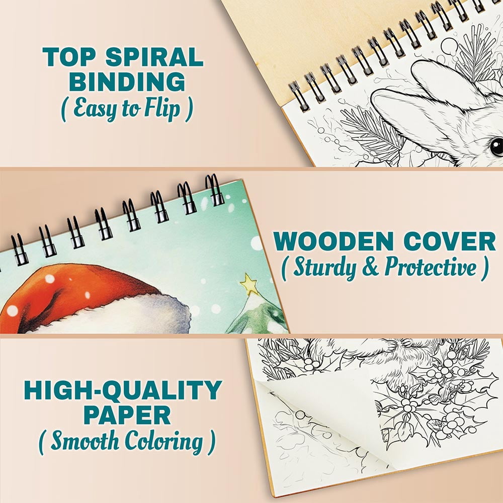 Netecom Christmas Critters Coloring Book Spiral Bound For Adults, A5 Wooden Cover, 30 Playful Coloring Pages of Cute Holiday Creatures for Stress Relief and Relaxation