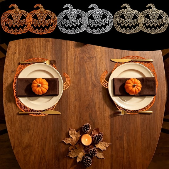 Dmlowu Halloween Pumpkin Placemats Set of 2, Heat Resistant Non-Slip Hollow-Out Woven Vinyl Table Mats, Halloween Decor Indoor Outdoor Dining Table Party