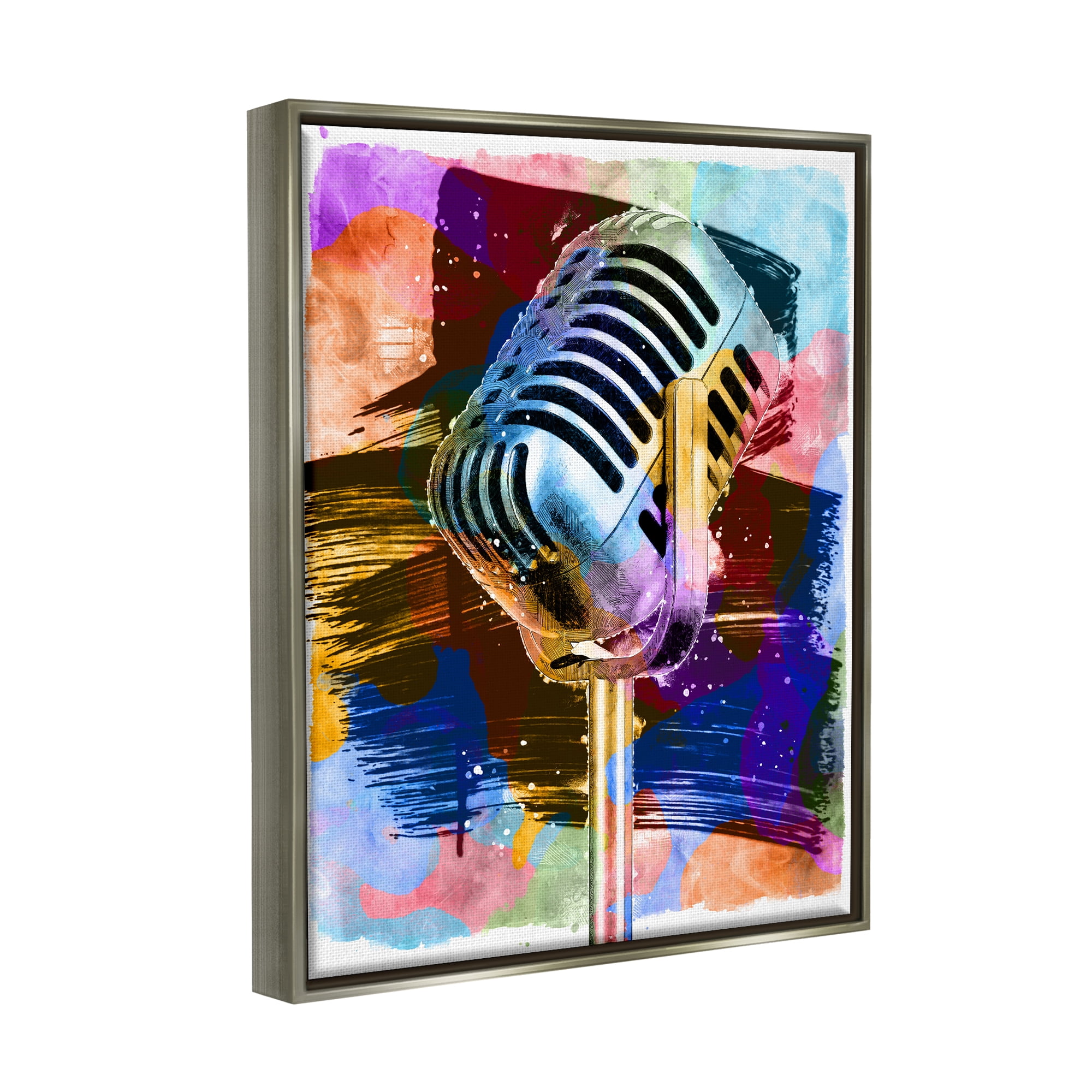 Stupell Industries Modern Vivid Microphone Performing Arts Painting Gray Floater Framed Canvas Art Print Wall Art, 25 x 31