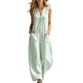 thumbnail image 2 of Costeam Womens Striped Sleeveless V Neck Button Front Jumpsuit Elastic Waist Loose Wide Leg Full Length with Side Pockets Soft Fabric Casual One Piece Pants, 2 of 7