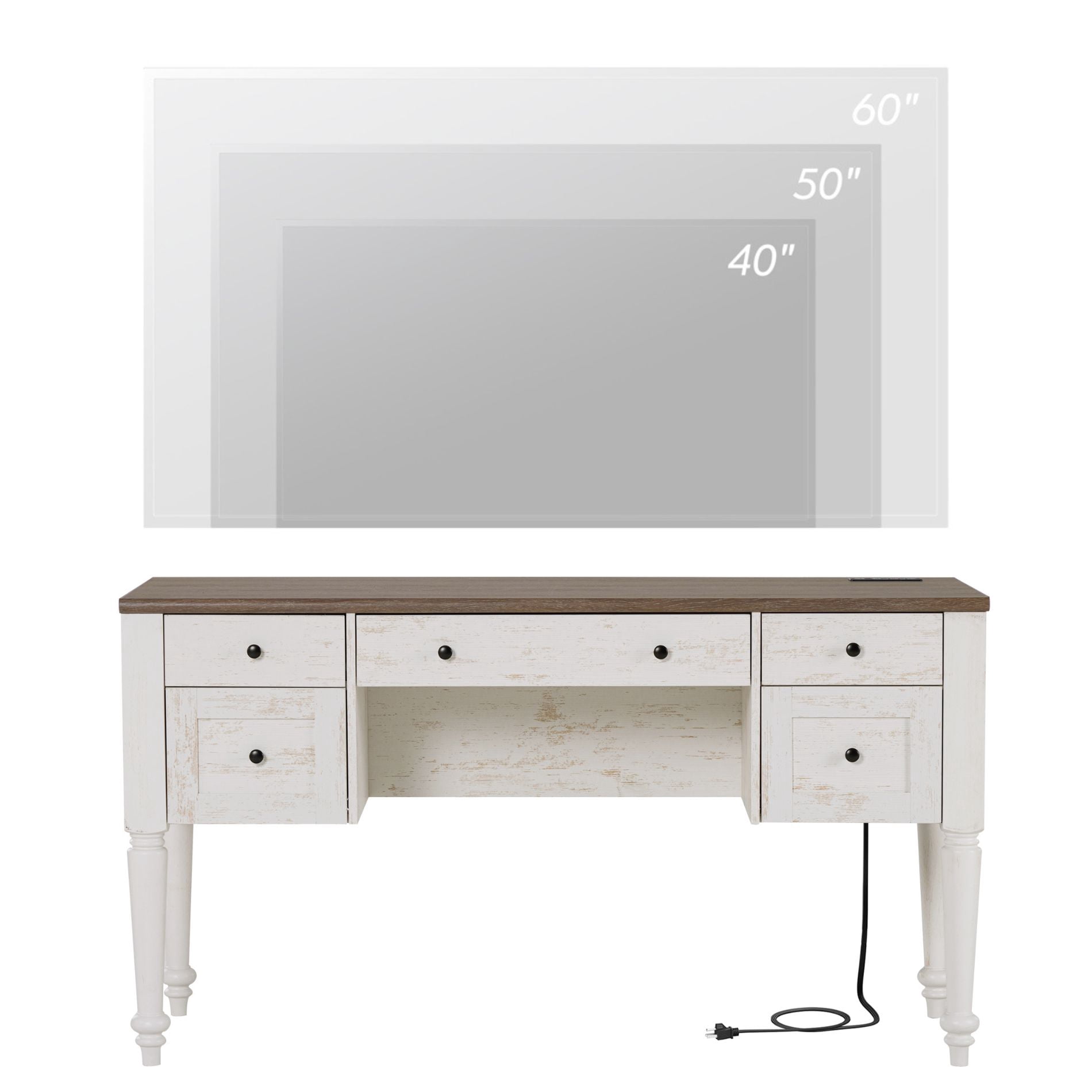 Farmhouse TV Stand for 60 Inch TV, Wood Entertainment Center with 5 Drawers, Storage Cabinets & Charging Station, Rustic White