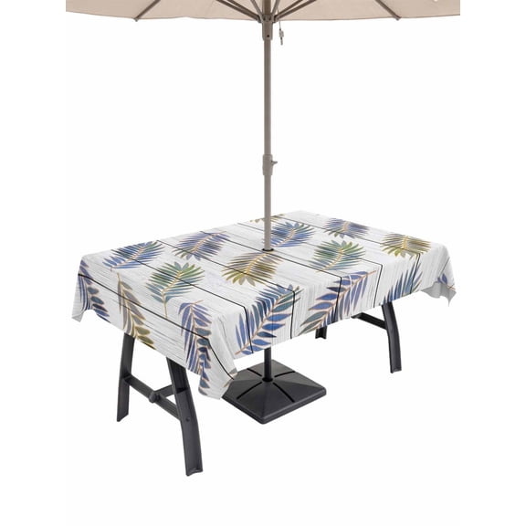 Outdoor Tablecloth with Umbrella Hole for Patio/Picnic/Party/Camping, Green Purple Palm Leaf Waterproof Table Cloth Rectangle Table Cover Washable, Summer Botanical Tropical Vintage (60"x 102")