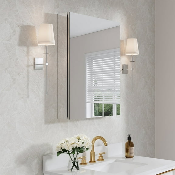 24" x 30" Bi-View Medicine Cabinet with Mirror, Surface Mount or Recessed Mirror Medicine Cabinet for Bathroom, Anodized Chrome Aluminum Frame, Bathroom Mirror Cabinet with Storage Right Open