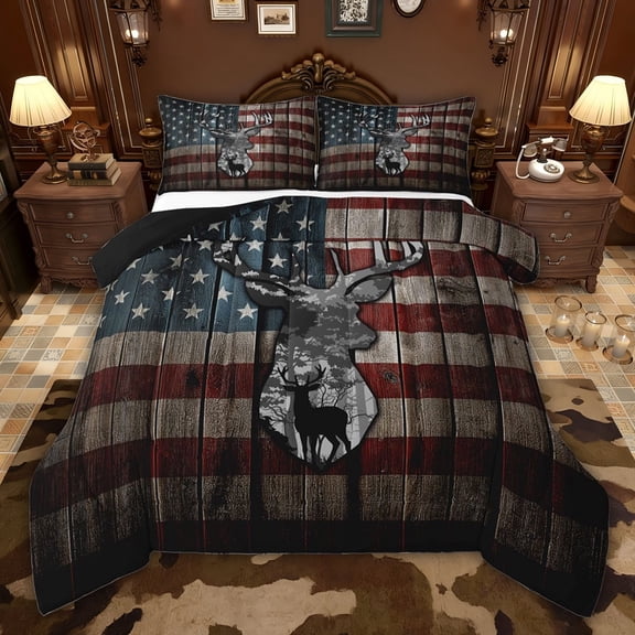 jejeloiu Wild Animal Deer Twin Comforter Sets,Rustic Farmhouse Cabin Bedding Set,Retro American Flag 03 For Kids Reversible 2 Pieces