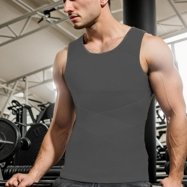 Camiseta de tirantes de cuello redondo para hombre, color liso, ajustada, de malla elástica en cuatro direcciones, moldeadora, de poliéster.